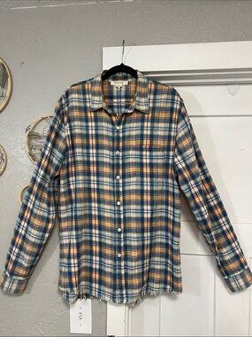 FRAME  SHIRT MENS LARGE SLIM FIT PLAID FLANNEL MULTI COLOR LONG SLEEVE FRAYED